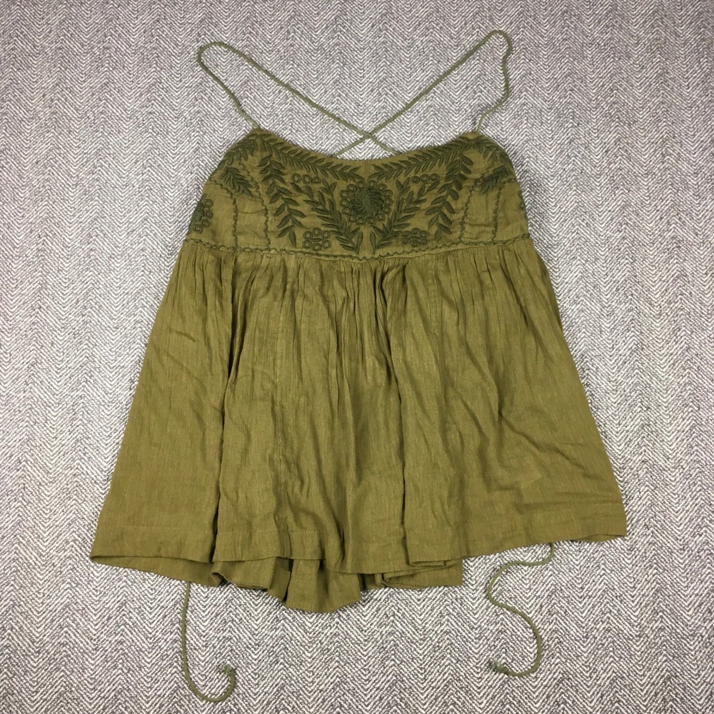 Free People Blackbird Embroidered Cami Blouse Olive Green Size M Boho Top